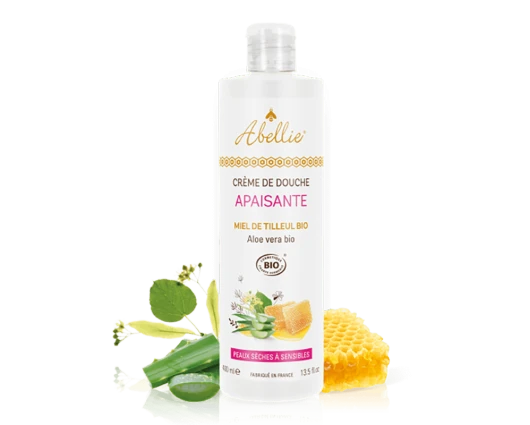 Успокояващ душ  крем за тяло с мед и алое вера Органик 400 ml / Abellie® Creme de douche Apaisante Miel de tilleul,  Bio Aloe vera
